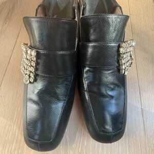 STUART WEITZMAN l Irises Black Leather Embelished Loafer Mule Block Heel Size 7.